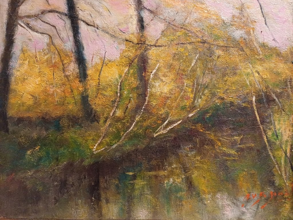 Schilderij M.VAN DEN BEMPT   30x40  "Het Schijn", Antiek en Kunst, Paneel, Impressionistisch, Ophalen of Verzenden, Landschap