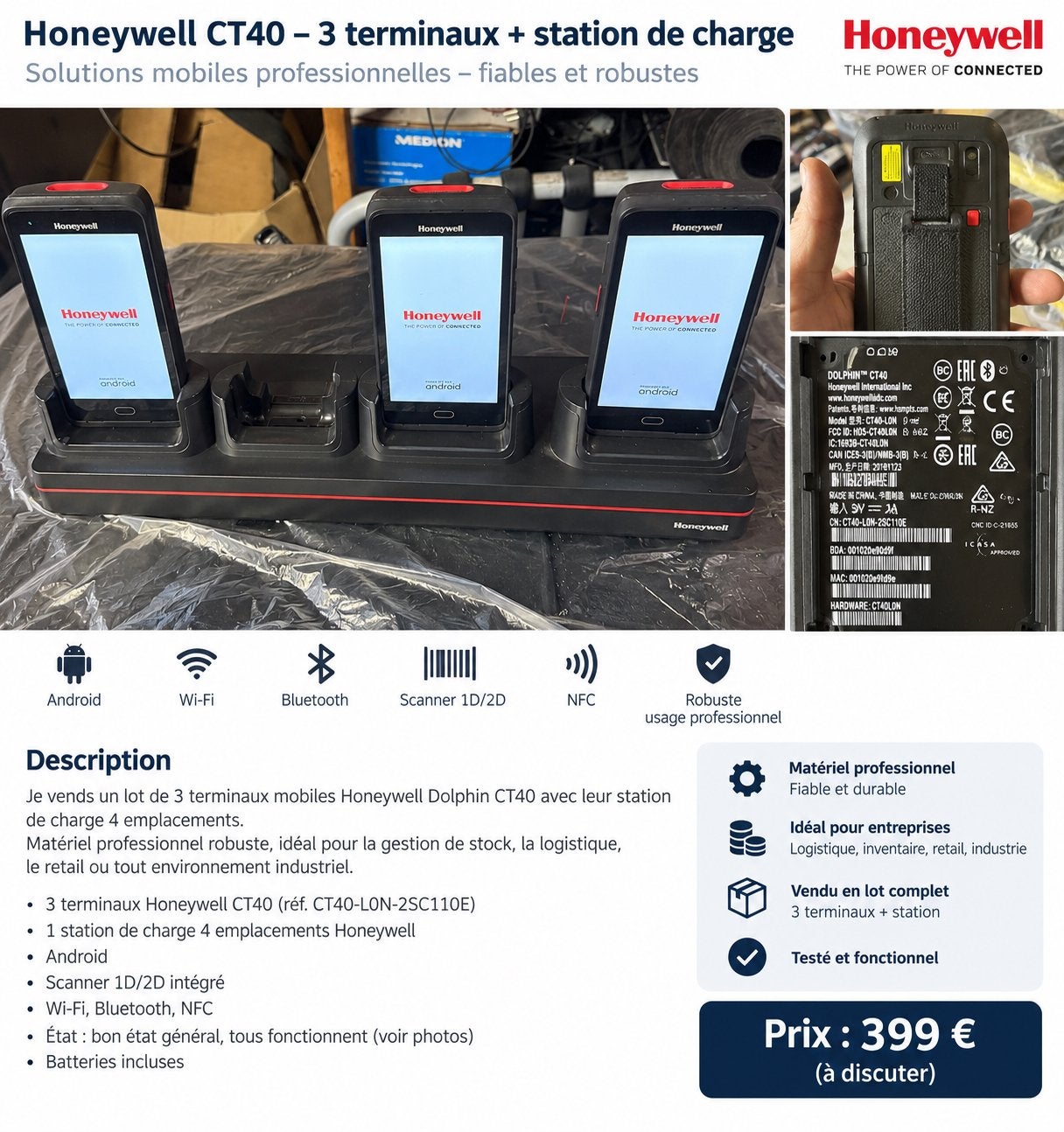 3x Honeywell Dolphin CT40 + station de charge 4 emplacements, Enlèvement ou Envoi, Comme neuf
