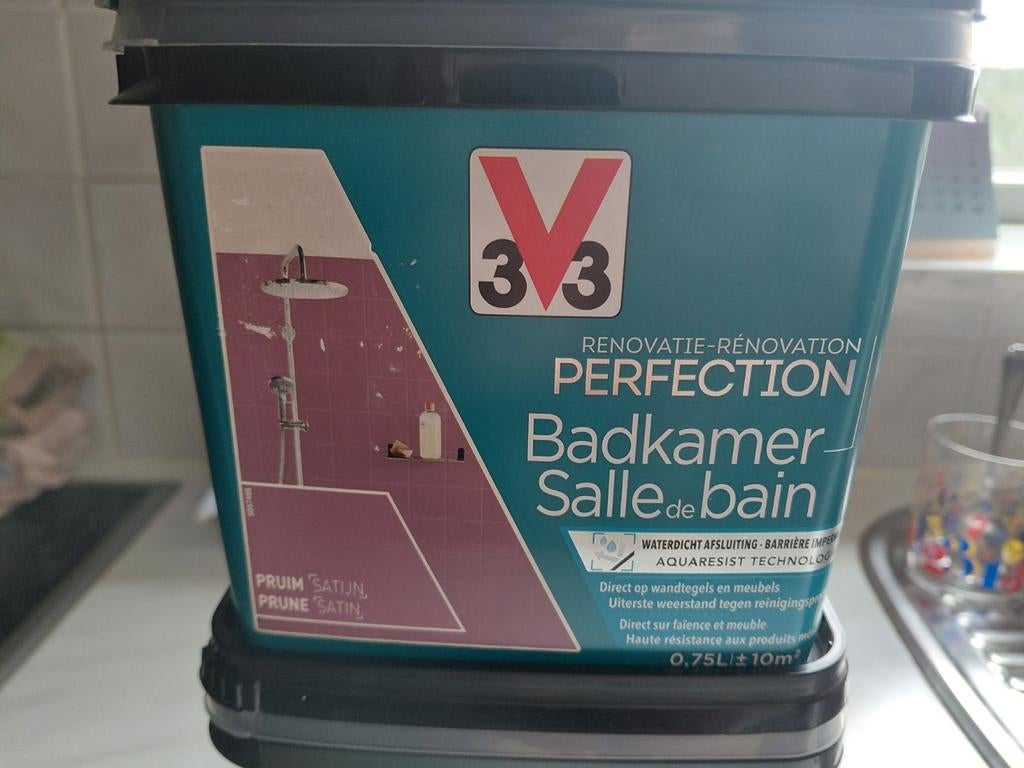 V33 renovatieverf badkamer kleur pruim 0.75L   x2!!, Doe-het-zelf en Bouw, Ophalen, Overige kleuren, Nieuw, Verf