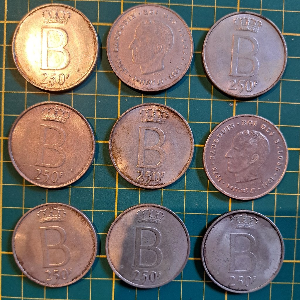 Set van 9 zilveren munten van 250 Belgische frank (1976), Ophalen of Verzenden, Zilver, Zilver