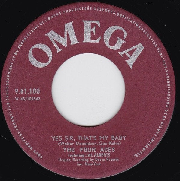 7" Four Aces  – Yes Sir, That's My Baby, Enlèvement ou Envoi, 7 inch, Utilisé, Pop