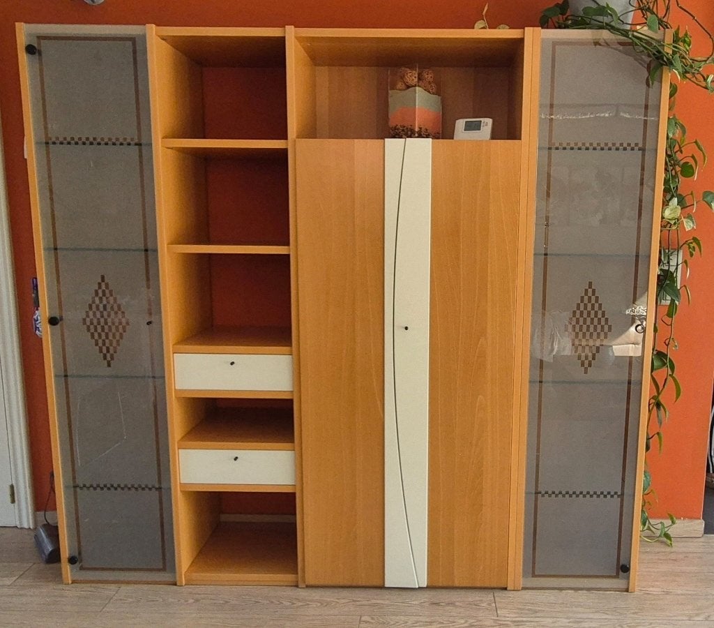 Moduleerbare wandkast met vitrinekasten, Ophalen, Zo goed als nieuw, 150 tot 200 cm, 25 tot 50 cm
