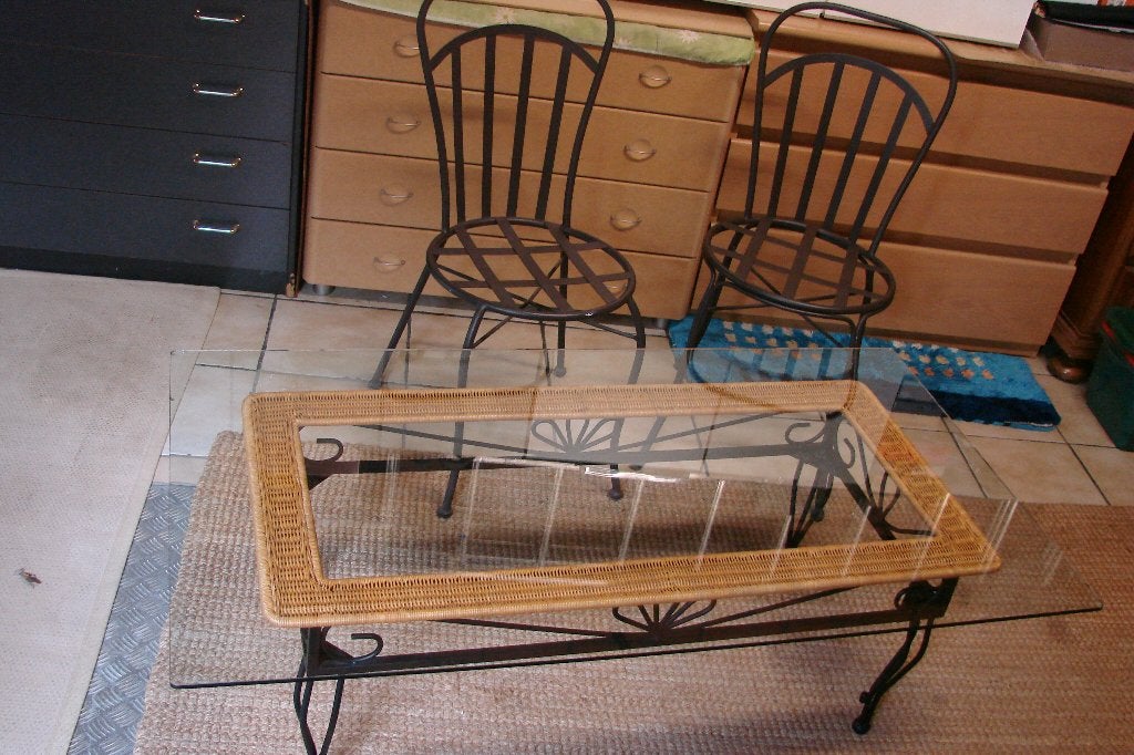 salontafel en 2 stoelen smeedijzer, Huis en Inrichting, Tafels | Salontafels, Ophalen, Gebruikt, 100 tot 150 cm, Smeedijzer