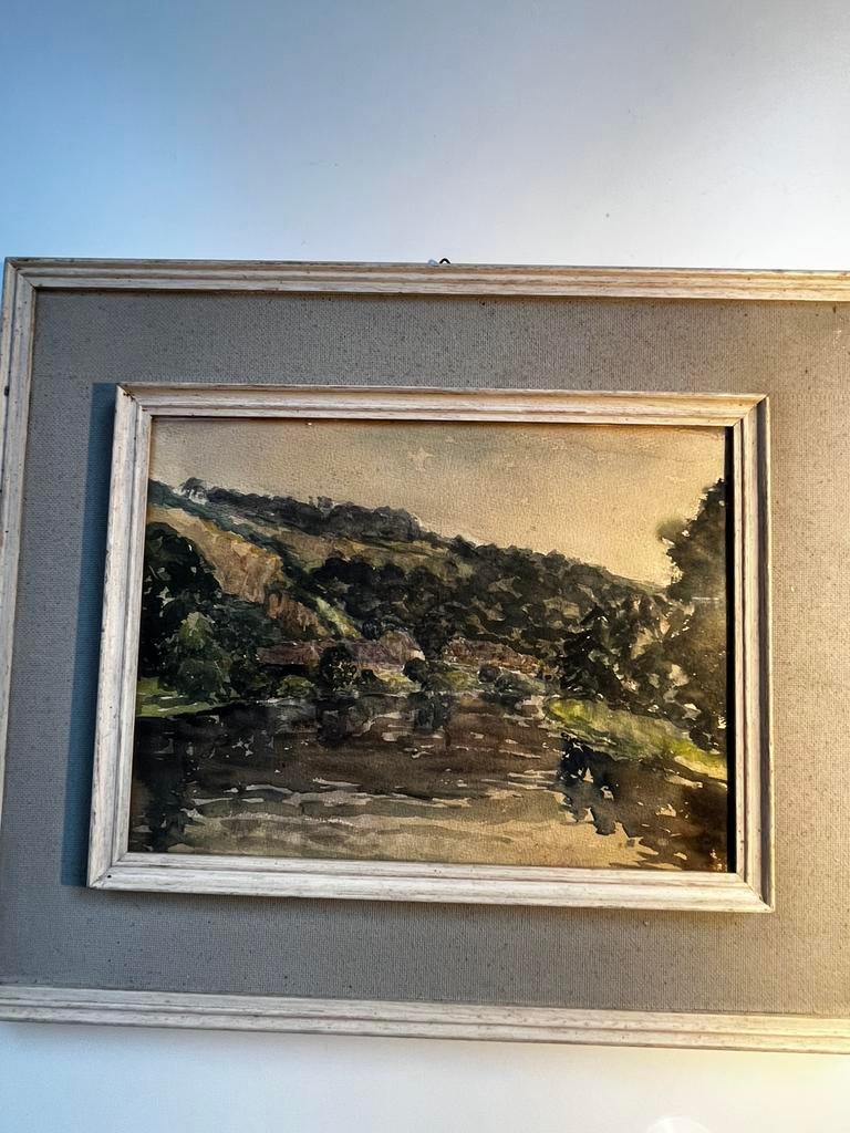 Ca 1950 gouache/akwarel vallei landschap Ardennen Maasvallei, Enlèvement ou Envoi