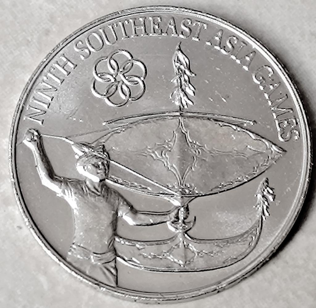 munt Maleisie 1 ringitt 1977 : 9ste Z.O. Aziatische spelen, Postzegels en Munten, Ophalen of Verzenden