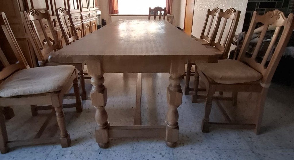 Eikenhouten tafel + 8 stoelen, Ophalen, Zo goed als nieuw, 6 tot 8 stoelen