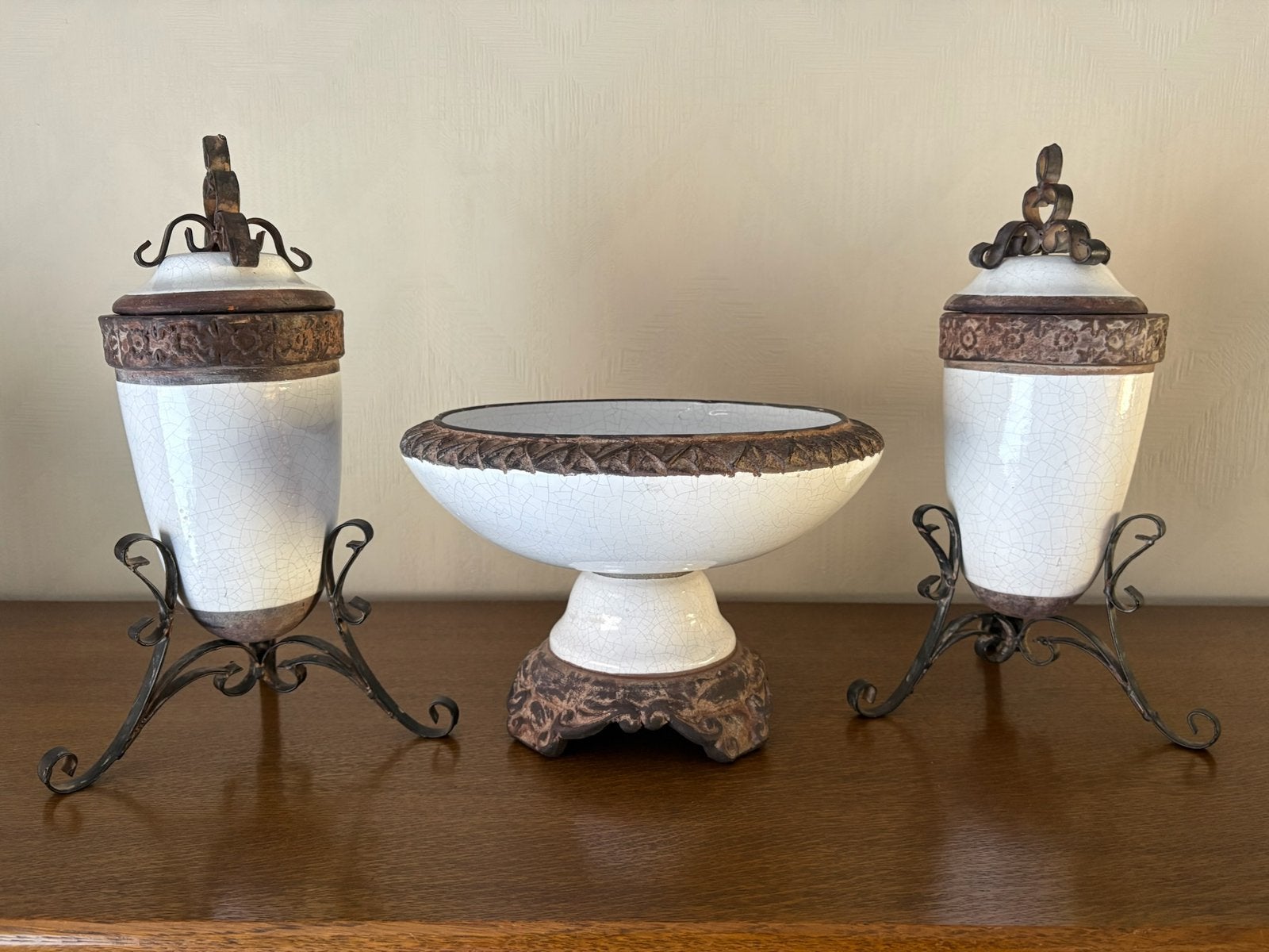 3-delige decoratieset met craquelé keramiek en smeedijzer, Antiek en Kunst, Ophalen of Verzenden