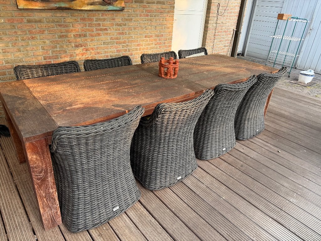 Prachtige tafel in teak voor 8 personen + 8 stoelen, Ophalen, Gebruikt, 100 tot 150 cm, Teakhout