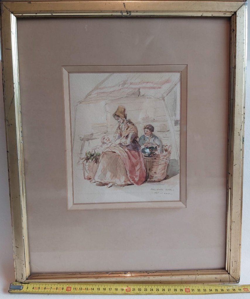 Vrouw met kind bij marktkraam, aquarel, Ophalen, Gesigneerd, Klassiek, Aquarel