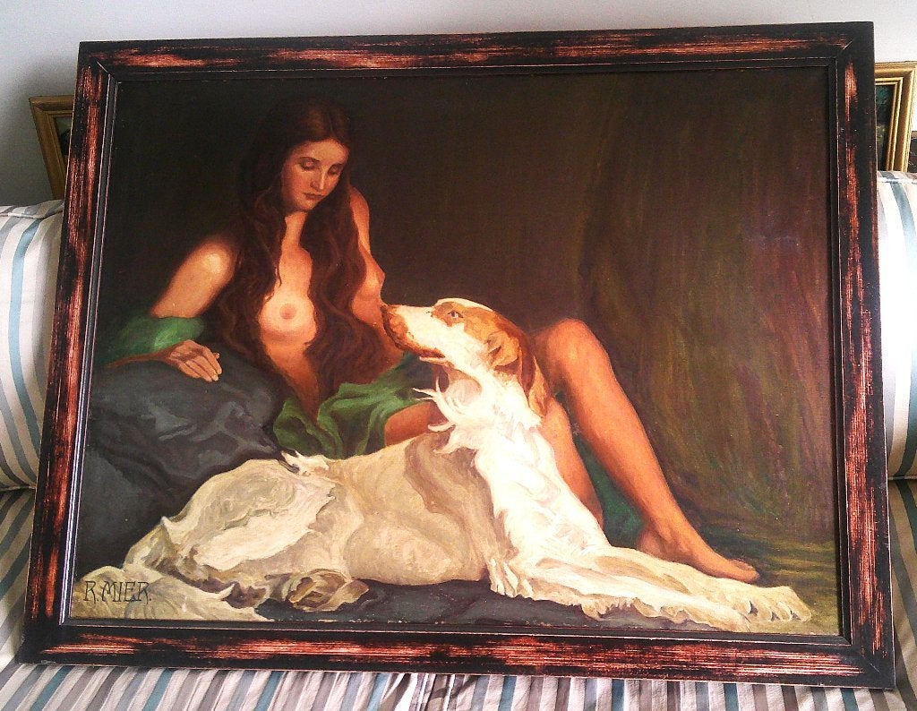 Femme nue avec un chien vers 1920 - École européenne R. MIER, Portrait ou Personnes, Peinture à l'huile, Enlèvement, Toile