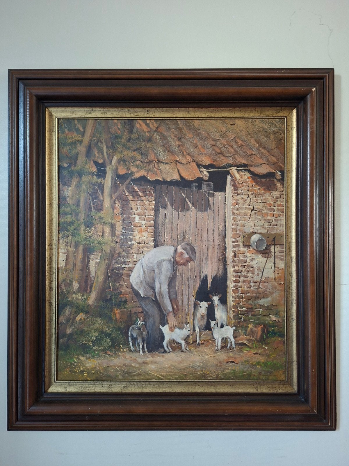 schilderij, olie op doek, boer met geitjes, Antiek en Kunst, Ophalen, Doek