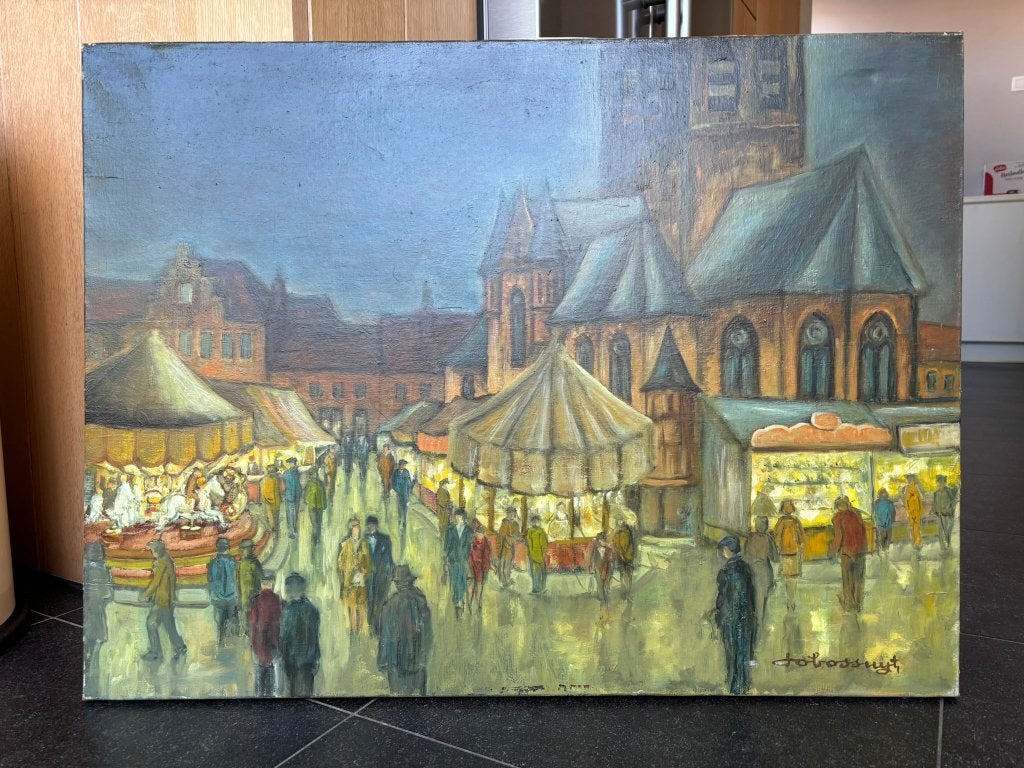 Kermis Waregem Koerse - Jo Bossuyt, Antiek en Kunst, Kunst | Schilderijen | Klassiek, Ophalen, Doek, Olieverf, Klassiek