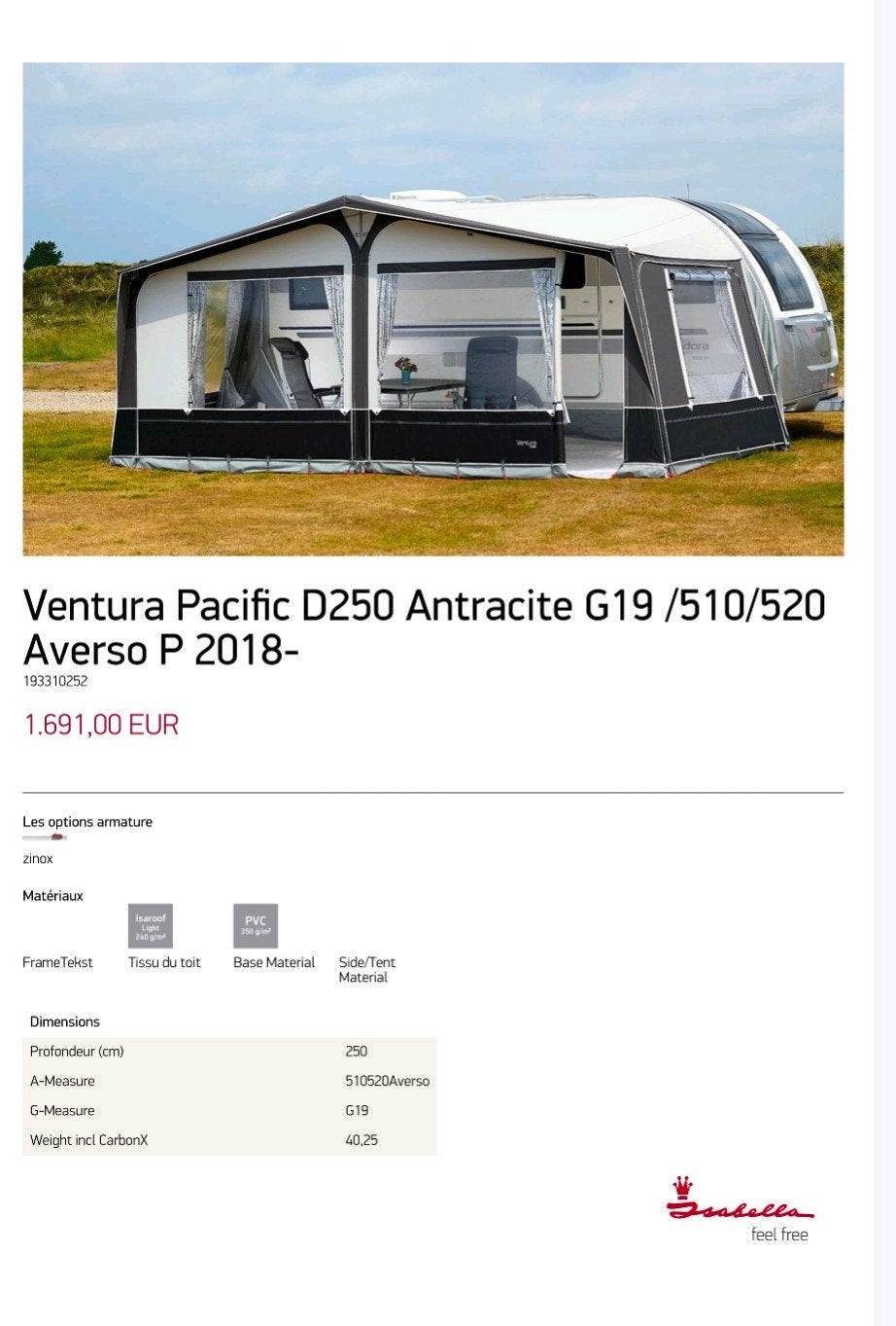 Auvent Ventura Pacific 250 A1000/G19 Averso/Premio 510 TK, Ophalen, Gebruikt, Overige merken