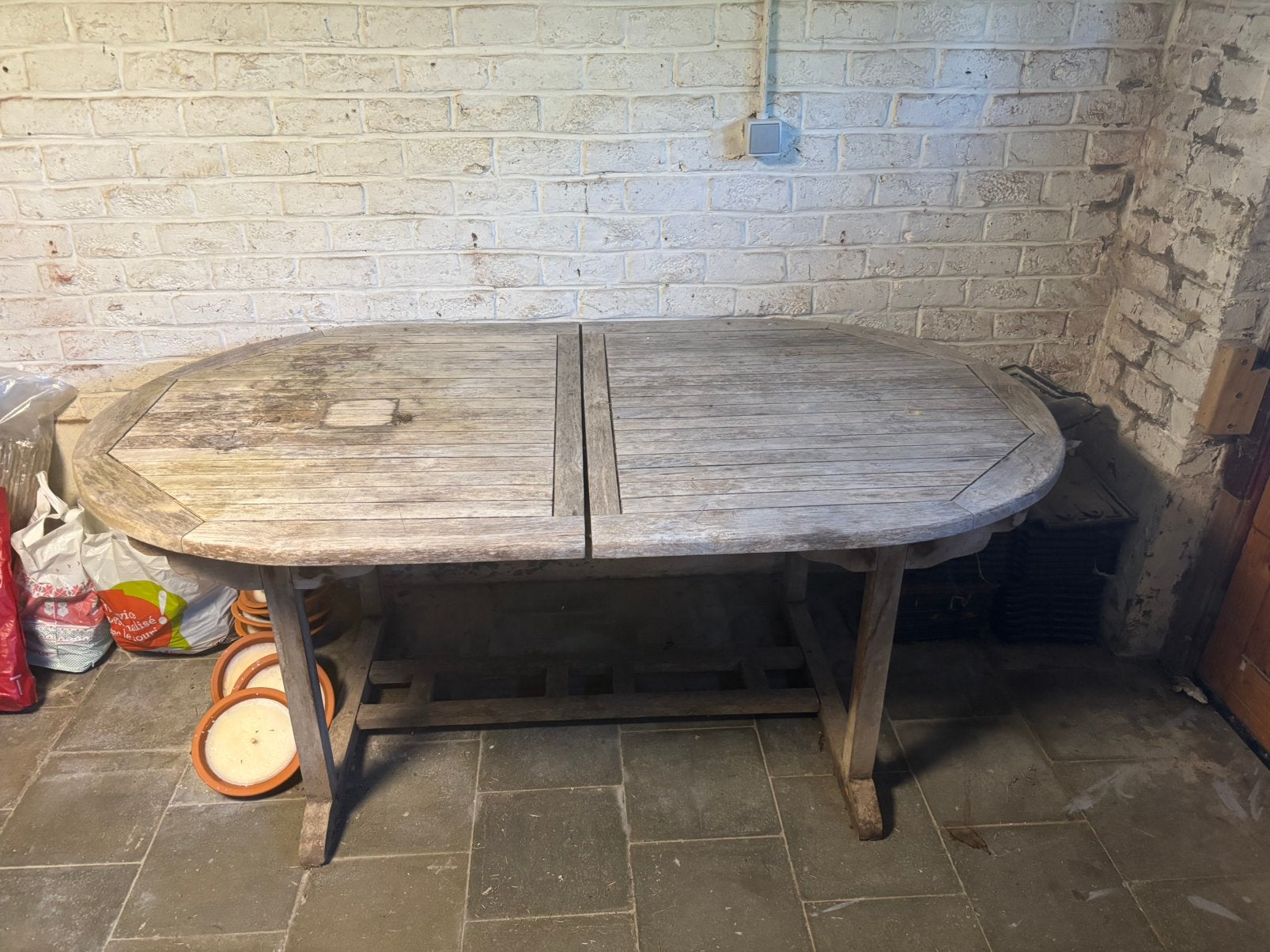 Table de jardin en teck + 4 chaises + 2 bains de soleil, Jardin & Terrasse, Enlèvement, Utilisé, Ovale, Bois de teck