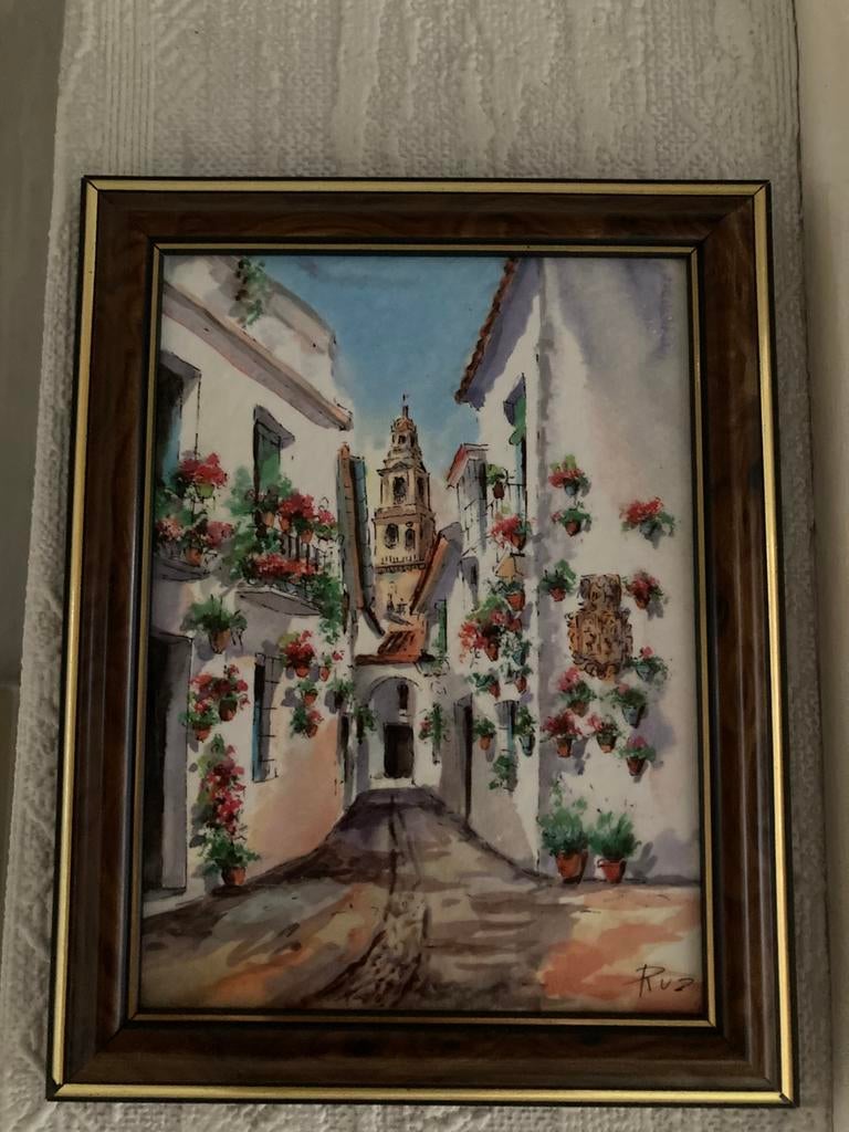 Spaanse Aquarel Calleja de las Flores (Córdoba) door G. Ruiz, Ophalen