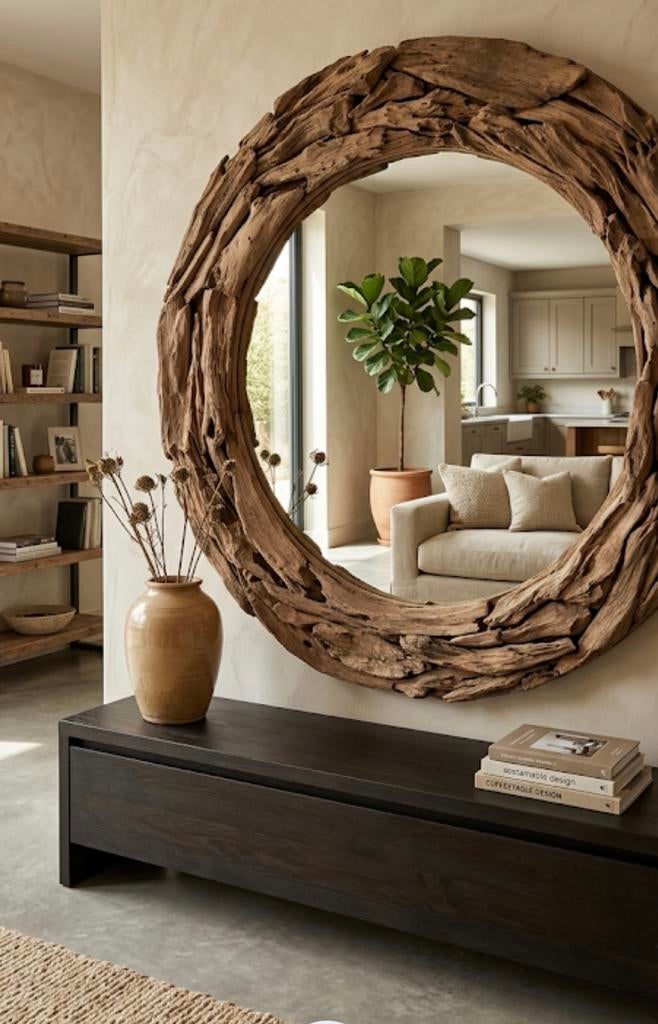 Prachtige spiegel met steigerhout, Huis en Inrichting, Woonaccessoires | Spiegels, Ophalen, 100 tot 150 cm, Rond, Zo goed als nieuw