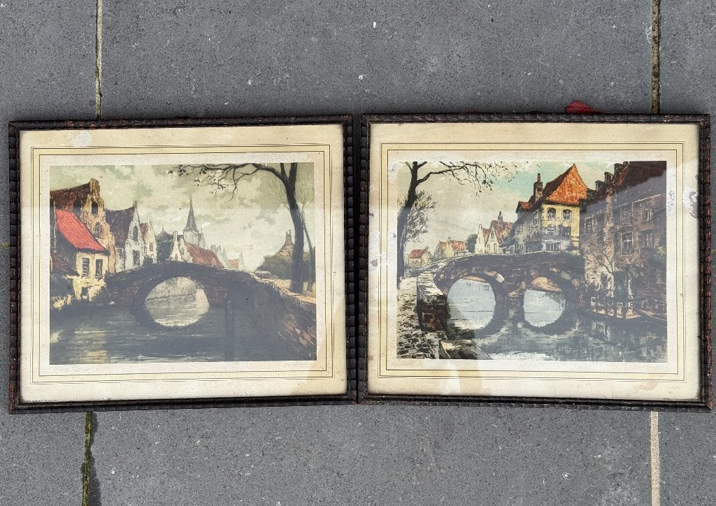 2 Kunstwerken van Tinus Van Doorn (Quai Vert/Pont Flamand), Doek, Ophalen of Verzenden, Gesigneerd, Landschap