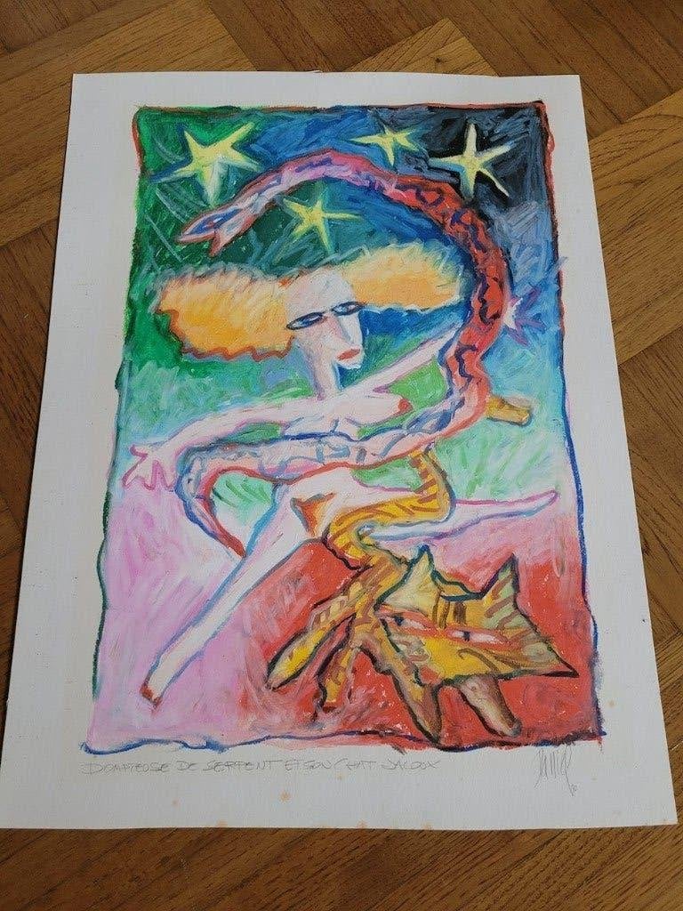 Œuvre originale en technique mixte « Femme nue avec chat », Enlèvement, Signé, Figures