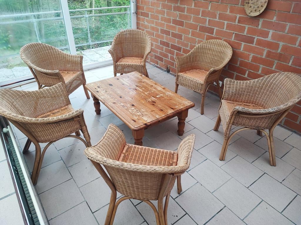 Ensemble salon rotin - 6 fauteuils + table basse - 90 €, Enlèvement, Bois