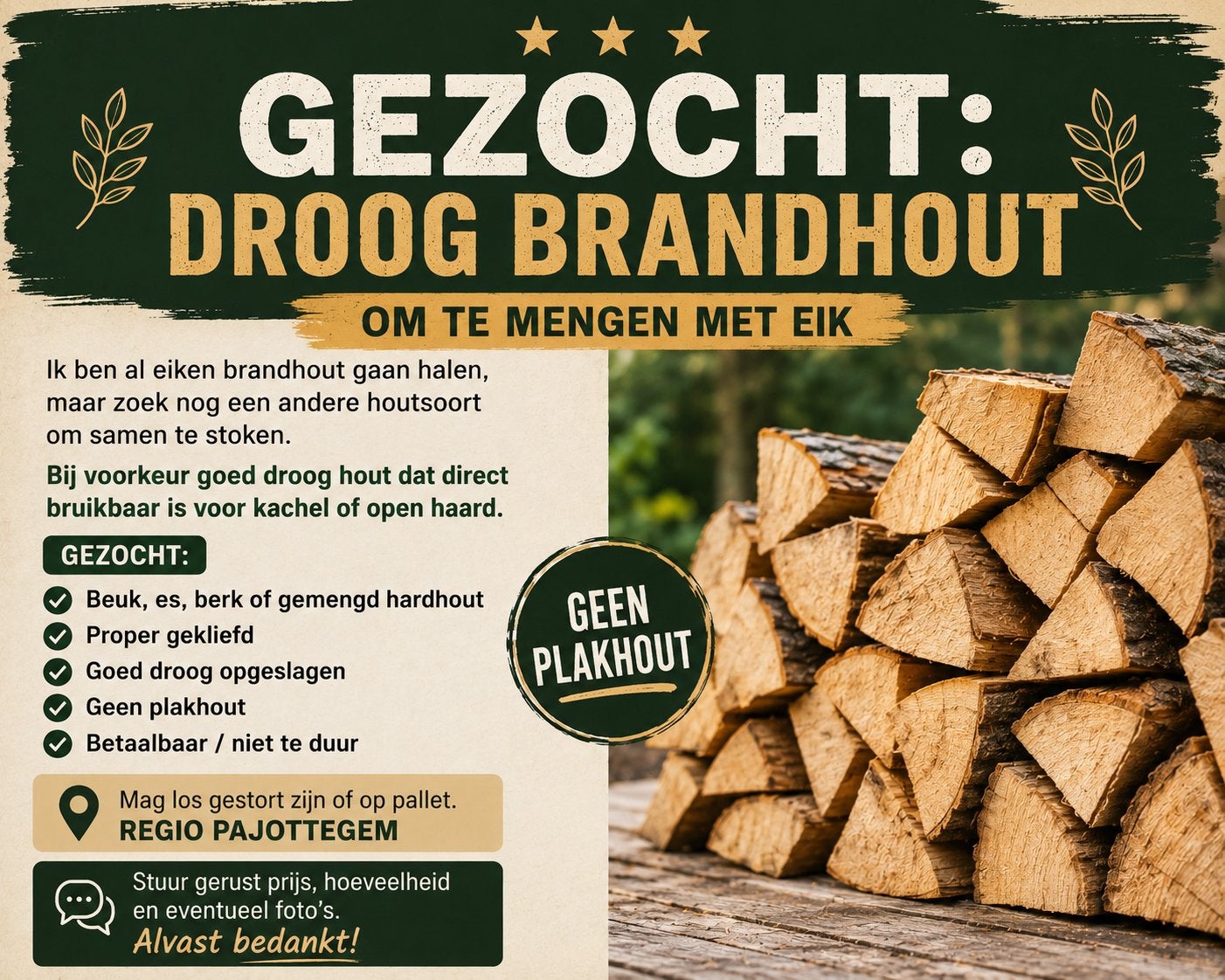 Recherché : bois de chauffage sec à mélanger avec du chêne, Enlèvement