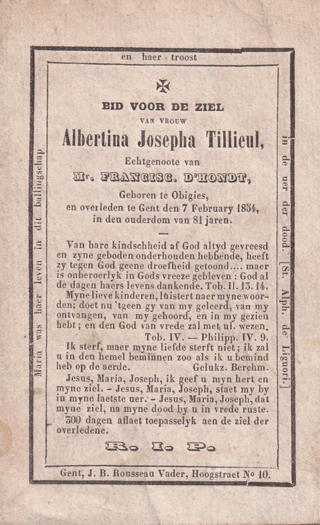 + 33 / B PTILLIEUL A OBIGIES - GENT 1834 81 JAAR, Ophalen of Verzenden, Bidprentje