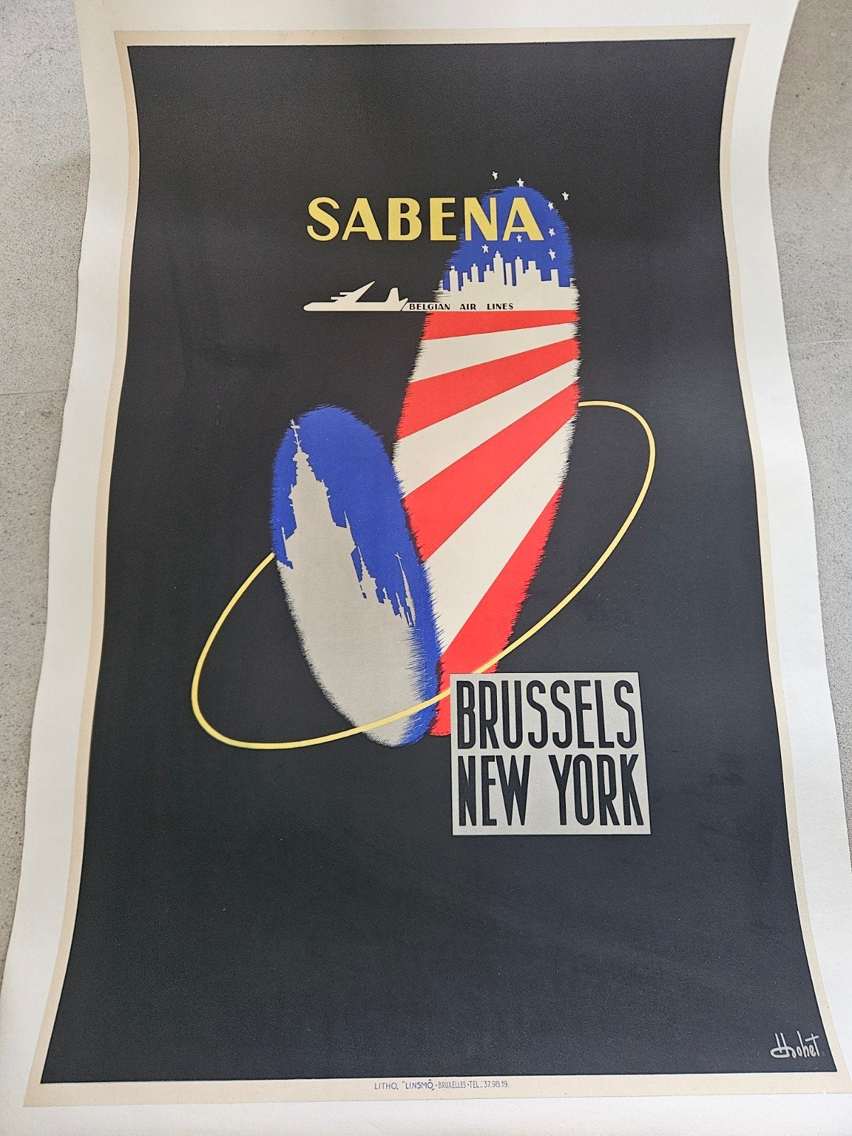 Affiche originale de la Sabena, Bruxelles, New York, Collections, Enlèvement ou Envoi