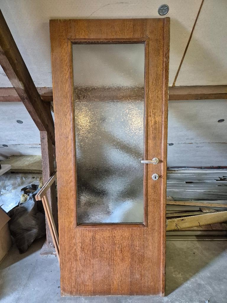 Antieke binnendeur met figuurglas, Ophalen, Gebruikt, 80 tot 100 cm, Binnendeur