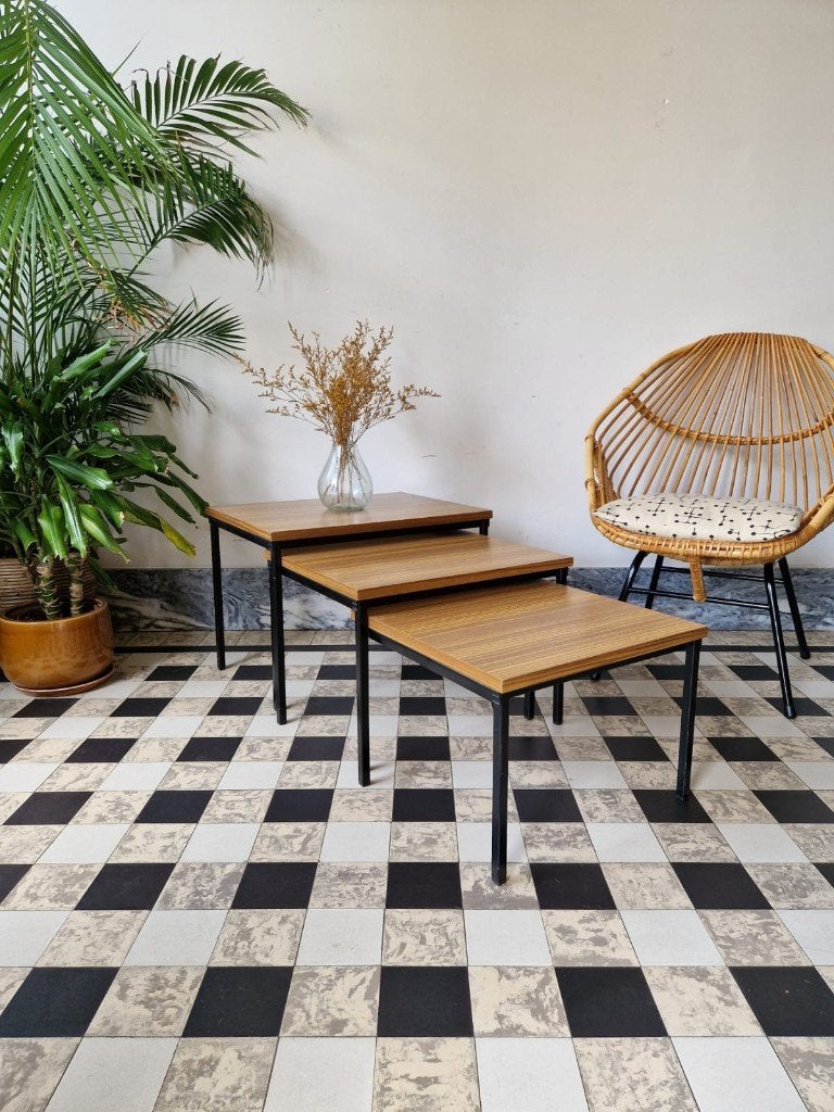 Vintage set midcentury XL nesting tafeltjes | sidetables, Enlèvement, Utilisé, Autres essences de bois, Vintage