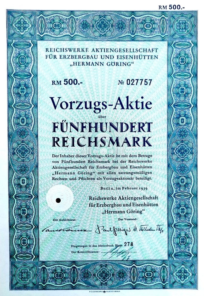 Reichswerke für Erzbergbau&Eisenhütten "Hermann Göring" 1939, Ophalen of Verzenden, 1920 tot 1950, Aandeel
