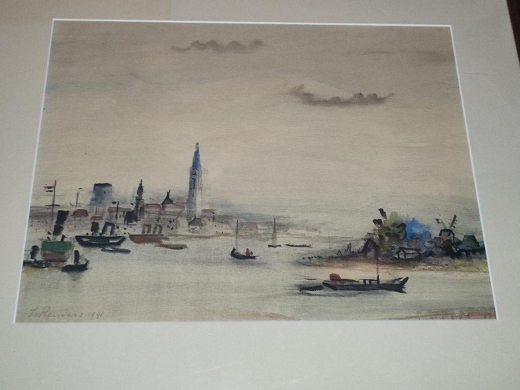 Jos Renders - aqaurel 1946- zicht op Antwerpen, Antiek en Kunst, Ophalen of Verzenden