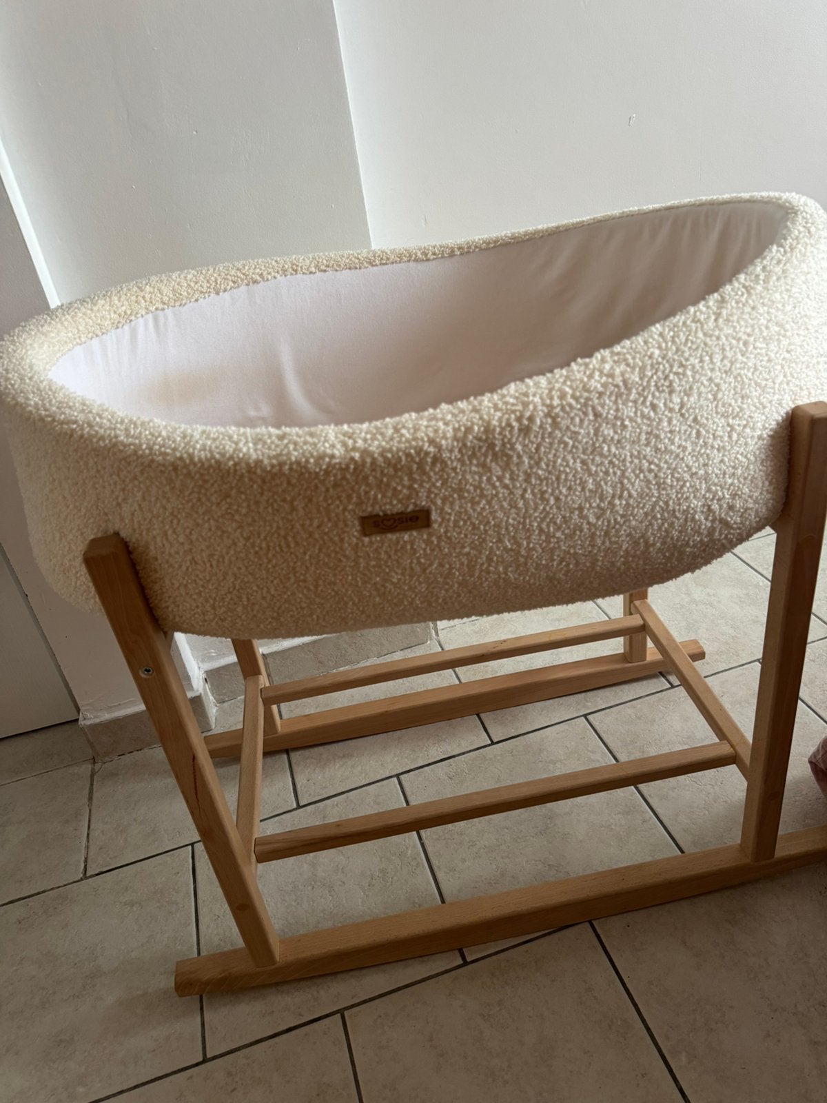 Berceau bébé en bois avec habillage bouclé beige, Enlèvement, Utilisé, Berceau