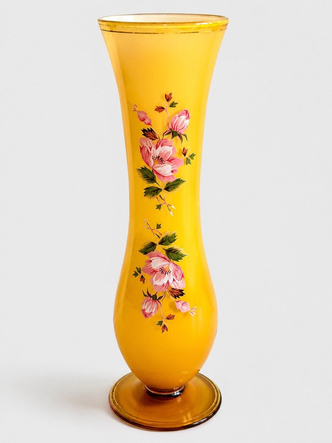 Vintage geel opaline glazen vaasje – handbeschilderd bloemen, Ophalen of Verzenden