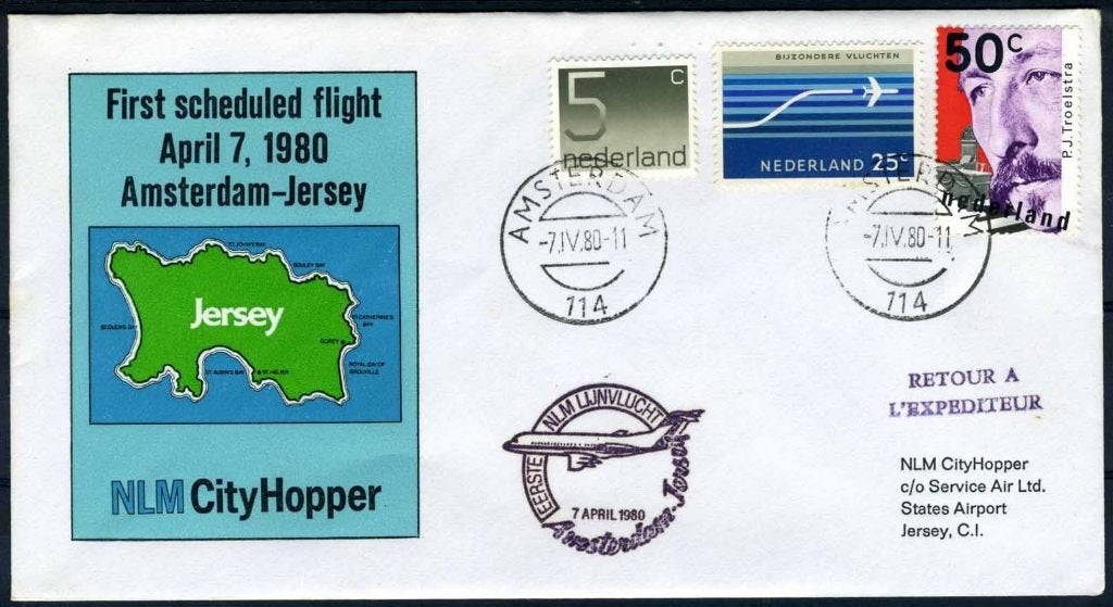 PAYS-BAS 1er VOL NLM City Hopper AMSTERDAM - JERSEY, Envoi, Après 1940, Affranchi