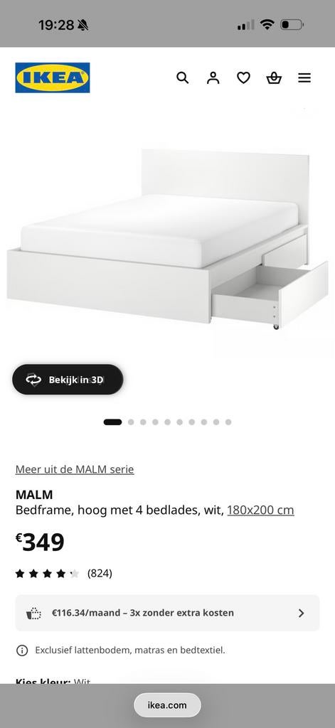 Malm bed 180x200 inclusief emma matras en topper 4 jaar oud, Huis en Inrichting, Slaapkamer | Bedden, Ophalen, Gebruikt, Wit, Tweepersoons