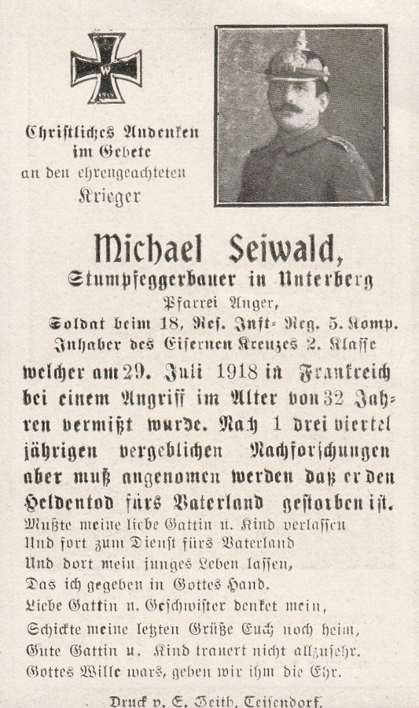 Duitse gesneuvelde 1914/18 Mihael Seiwald, Collections, Images pieuses & Faire-part, Envoi