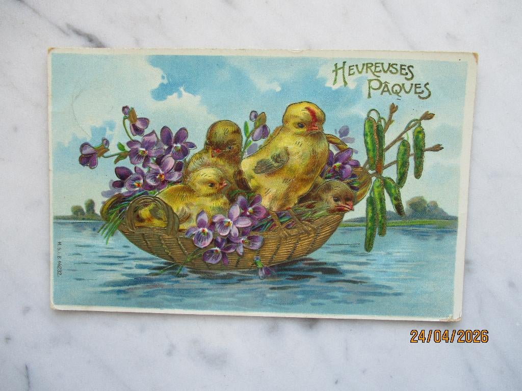 2 x Pasen kuikens bloemen rieten mand 1911, Verzamelen, Verzenden, Voor 1920, Gelopen, Feest(dag)