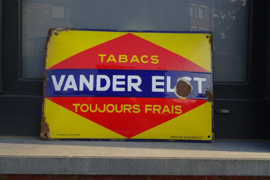 Vander Elst 1932 gewelfd geëmailleerd tabaksbord, Verzamelen, Merken en Reclamevoorwerpen, Gebruikt, Reclamebord, Ophalen