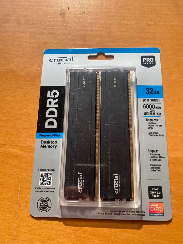 Crucial Pro DDR5 RAM 32 GB kit 2x16 GB CL48 6000 MHz, 32 GB, Nieuw, Ophalen of Verzenden, DDR5