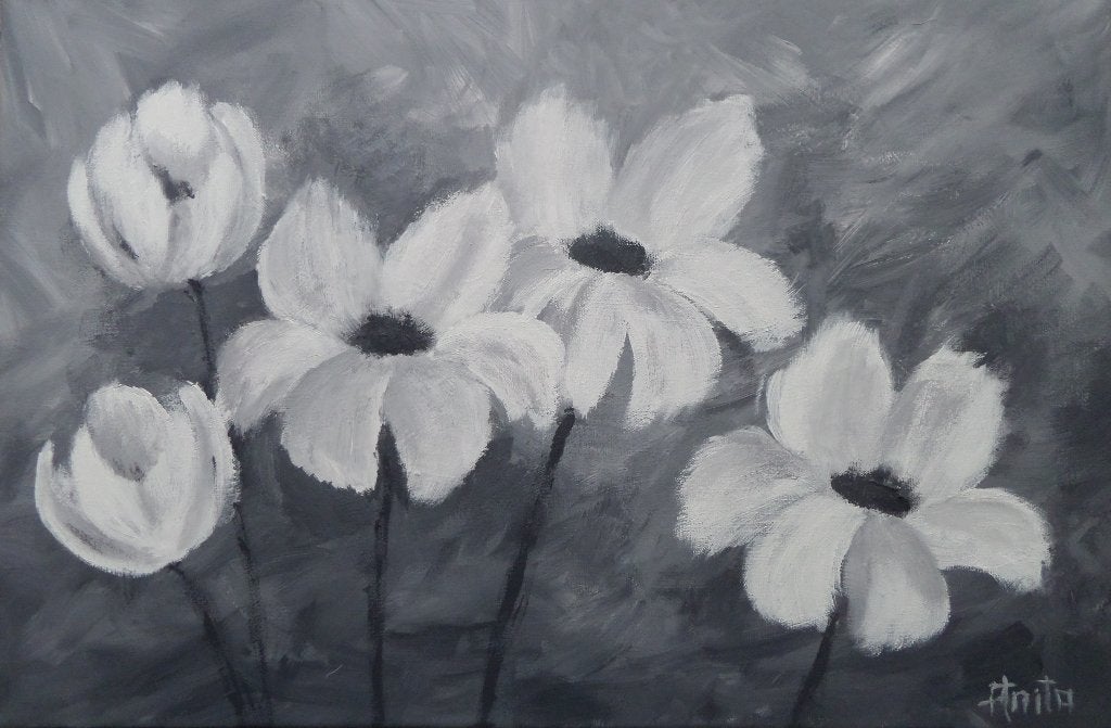 Modern schilderij bloemen, 40-60 cm, Antiek en Kunst, Ophalen, Acrylverf, Gelakt/vernis, Overige materialen