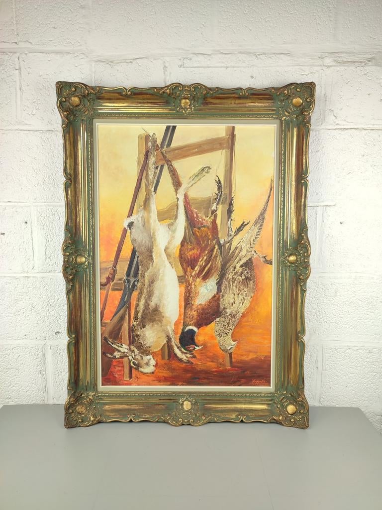 Groot schilderij - stilleven met jachttrofeeën, Antiquités & Art, Art | Peinture | Abstraite, Enlèvement