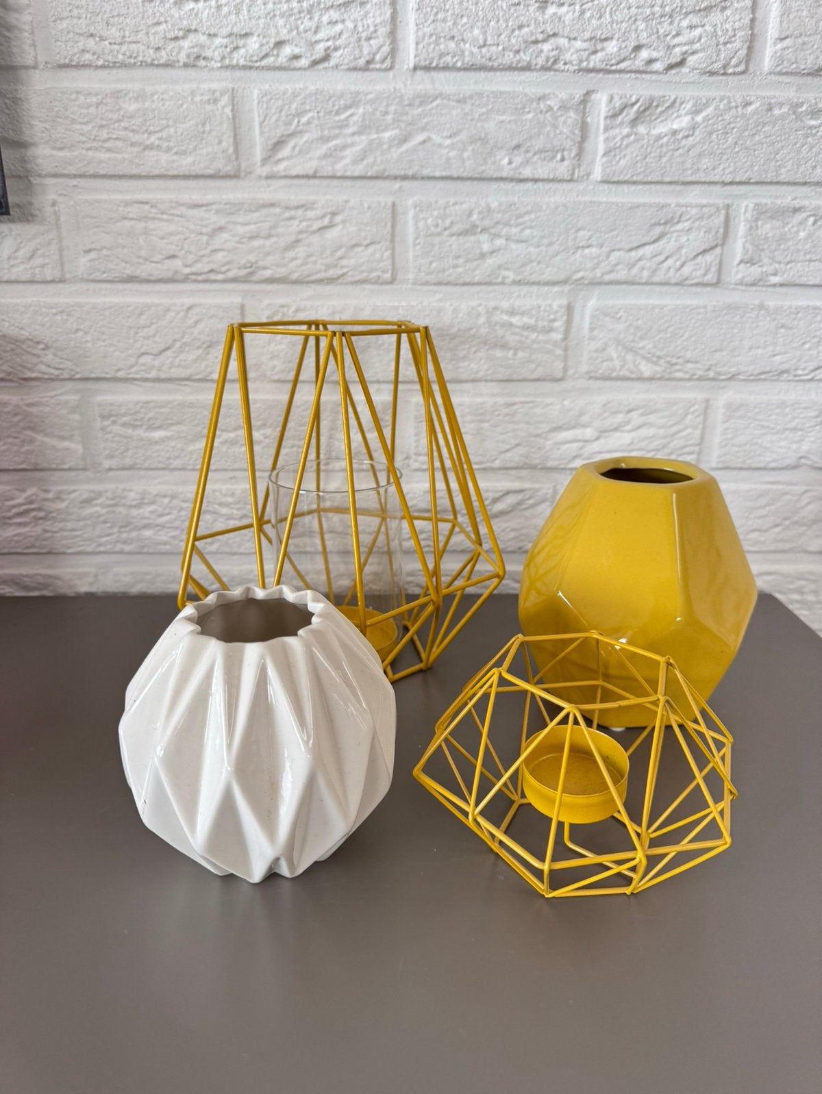 Lot décoration jaune moutarde et blanc – vases + photophores, Enlèvement, Comme neuf, Jaune, Pierre/céramique