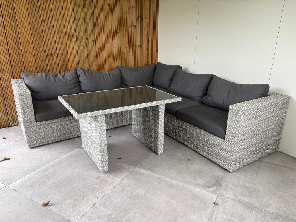Loungeset wicker modulaire hoekbank met glazen tafel, Tuin en Terras, Ophalen, 5 zitplaatsen, Gebruikt, Bank
