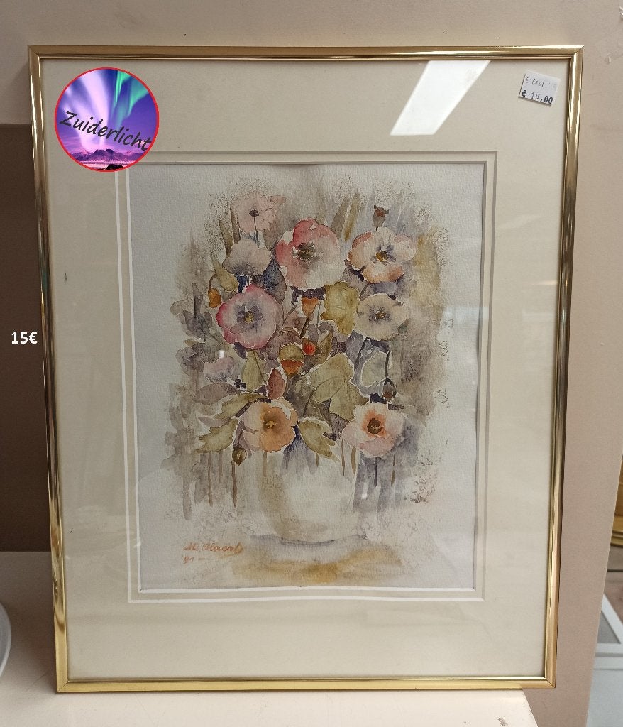 Prachtige Vintage Bloemenaquarel '91 in Gouden Lijst, Daté, Aquarelle, Enlèvement, Vintage