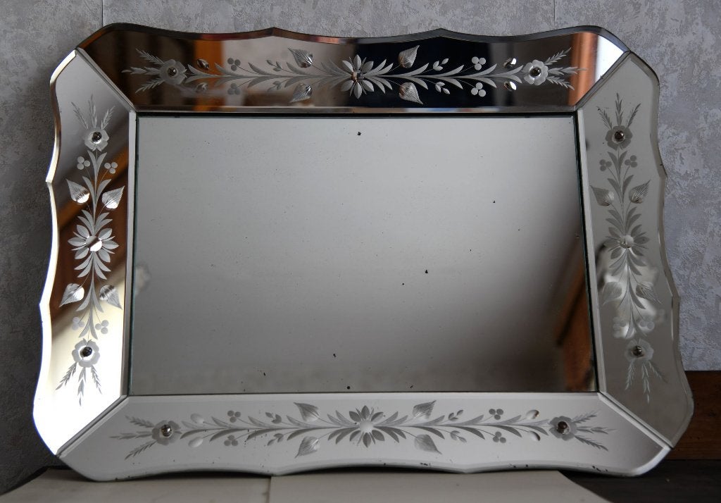 Prachtige Vintage Venetiaanse Spiegel – Geëtst Glas –, Antiek en Kunst, Ophalen