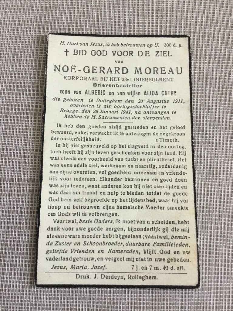Soldat N.Moreau, victime de guerre, Rollegem +1941 Bruges, Collections, Envoi, Image pieuse