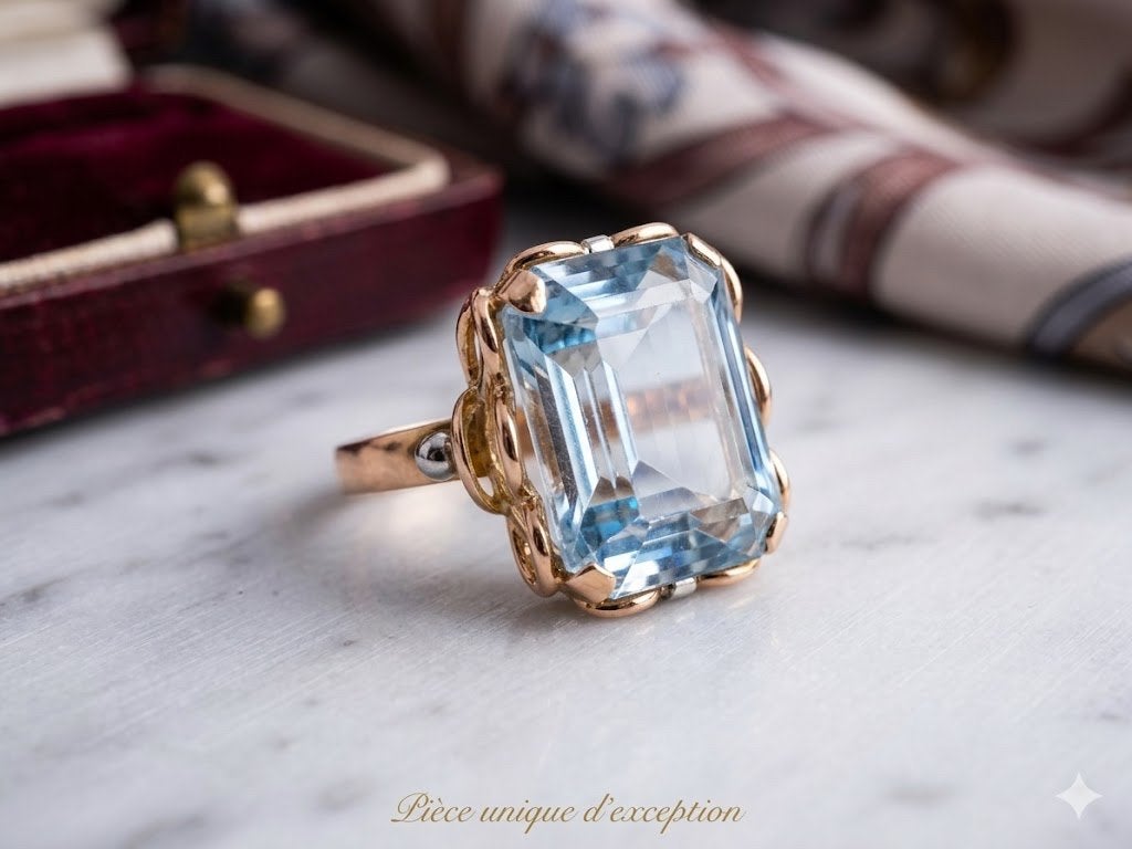 Bague or 18 carat vintage, Bijoux, Sacs & Beauté, Bagues, Comme neuf, Bleu, Or, Enlèvement ou Envoi