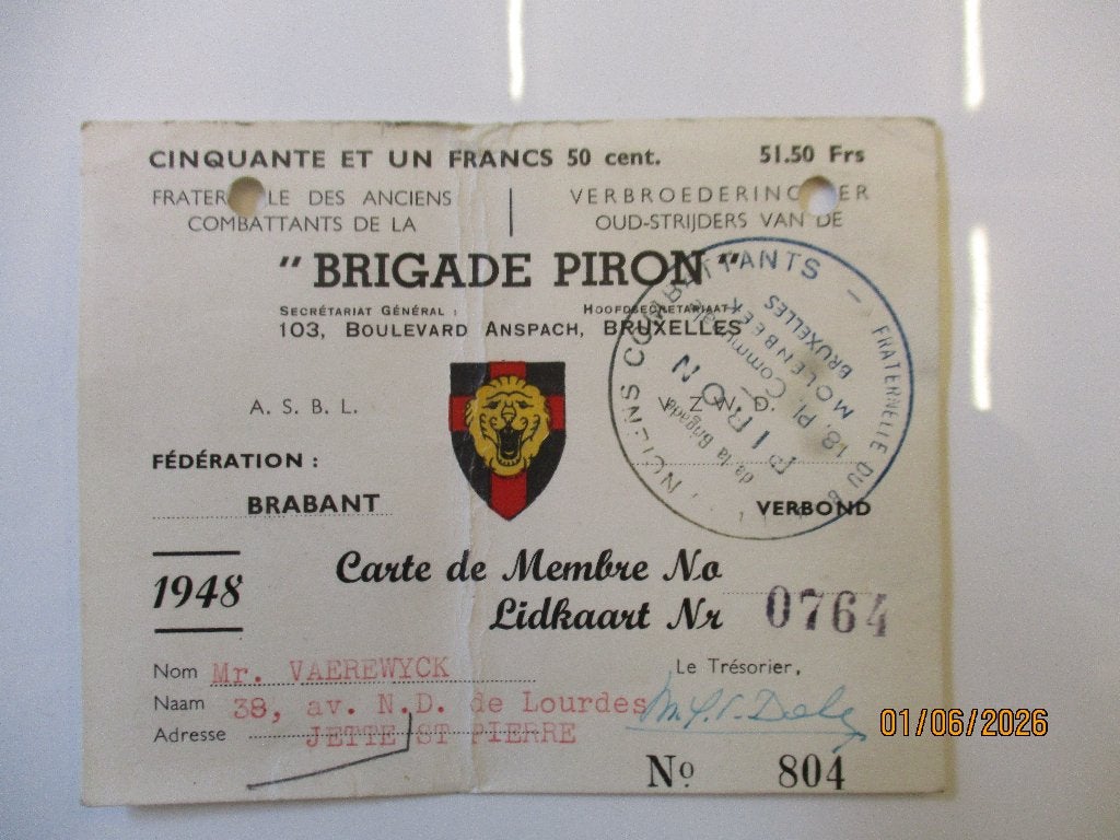 Carte de membre de brigade en forme de piron 1948, Collections, Objets militaires | Seconde Guerre mondiale, Envoi, Armée de terre