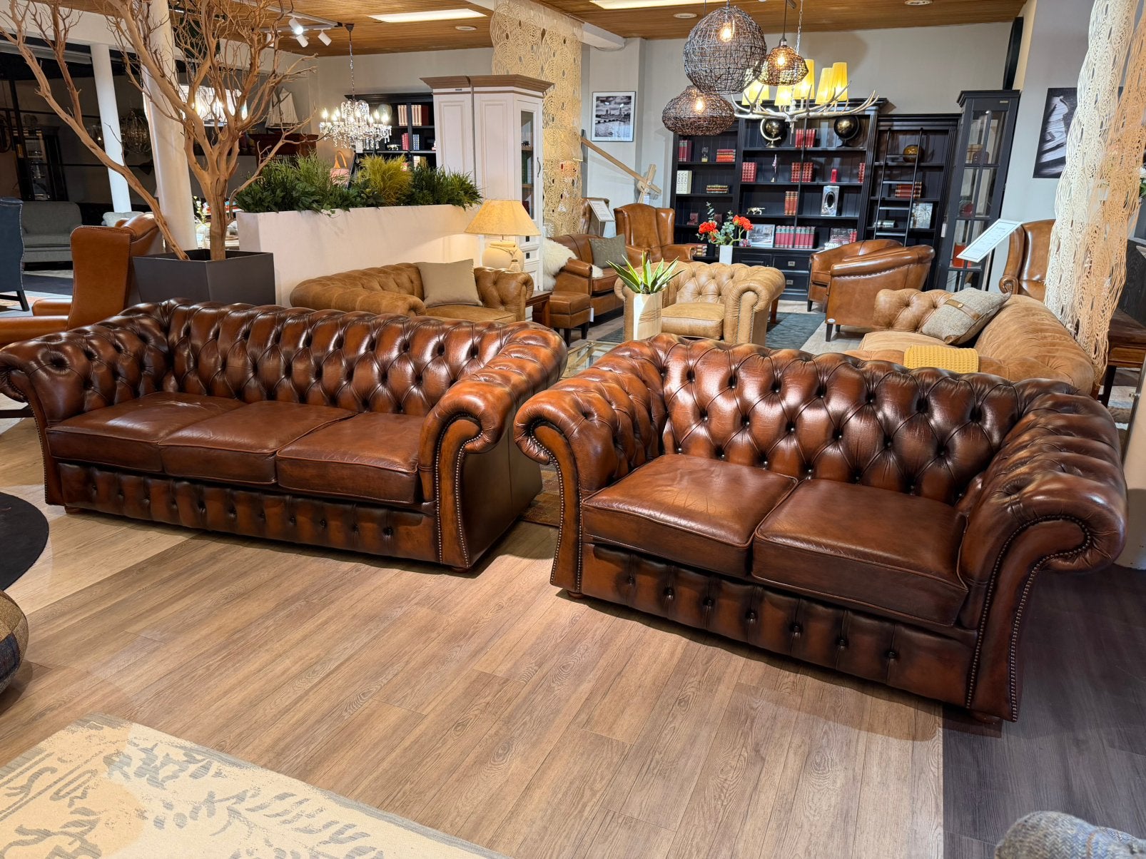 Engelse chesterfield salon 3+2 zits bruin leer, Ophalen of Verzenden