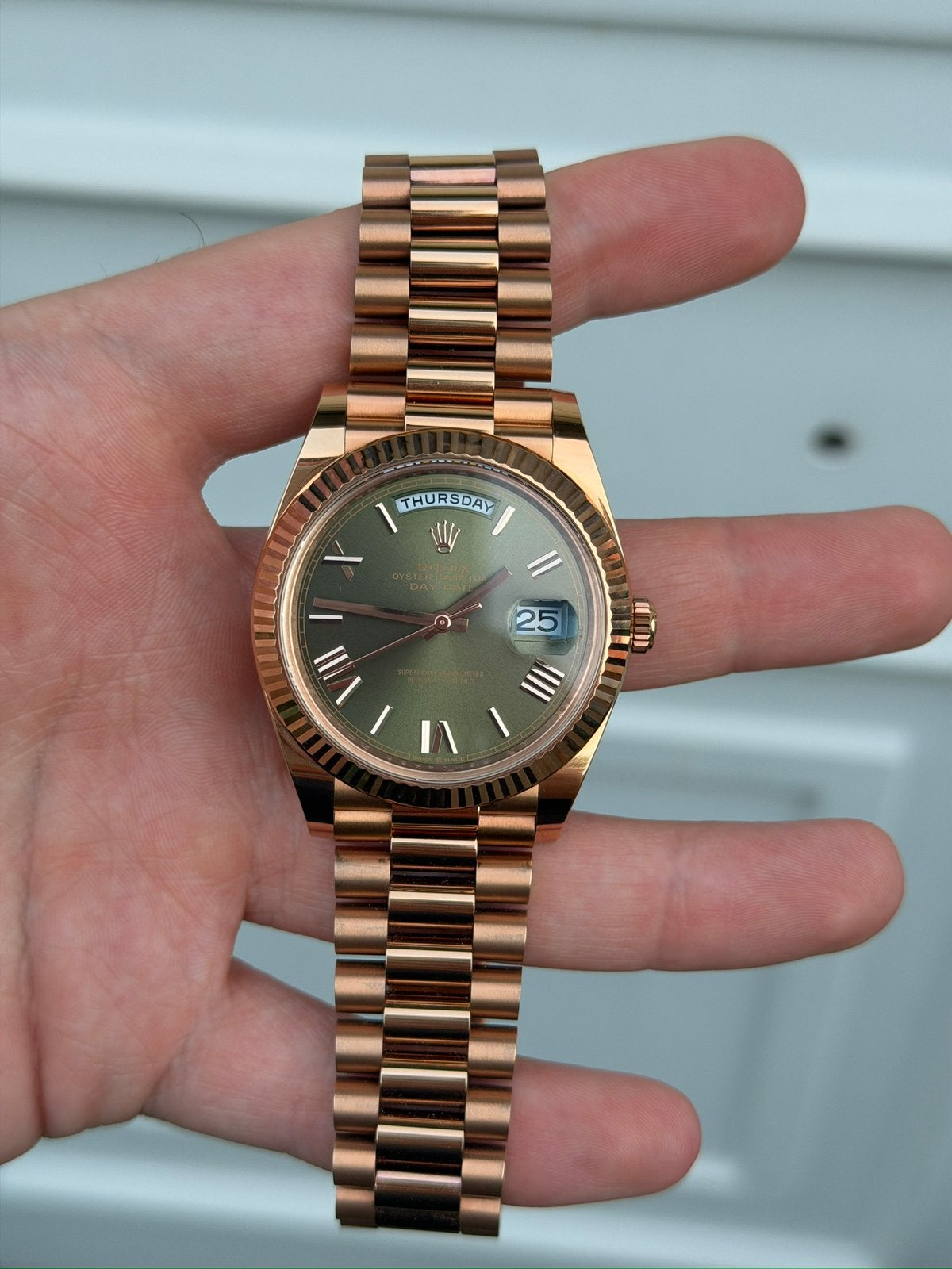 Rolex daydate olive 40mm, Handtassen en Accessoires, Horloges | Heren, Ophalen, Zo goed als nieuw