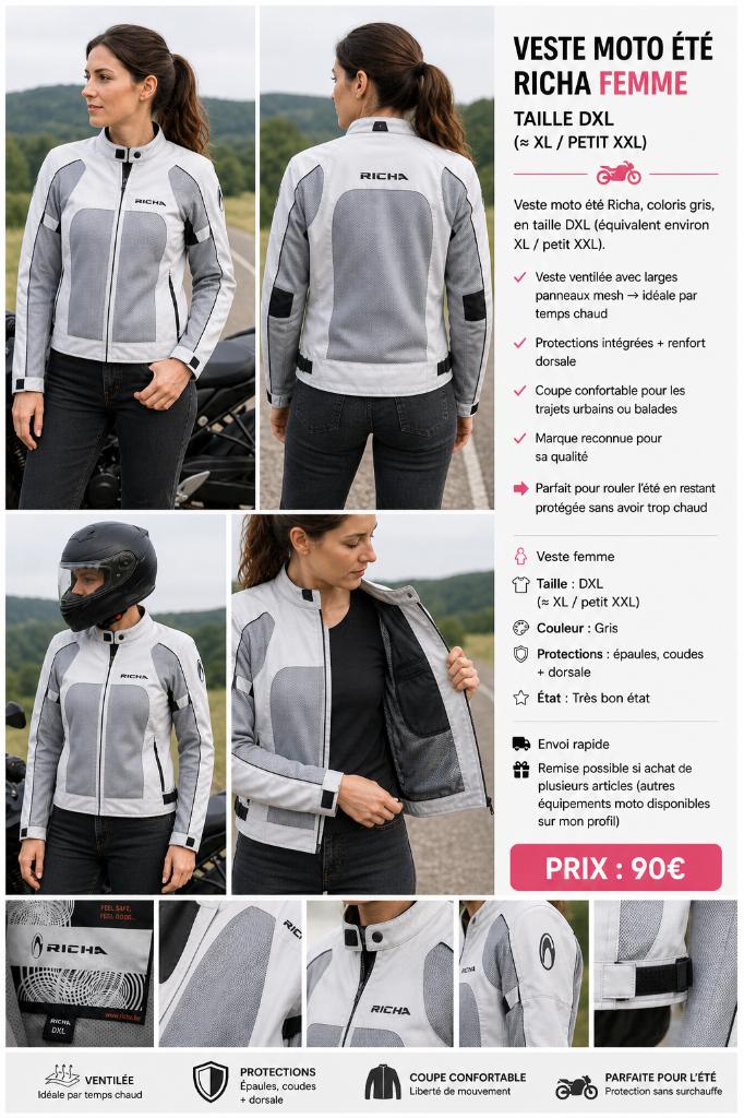 Veste moto été Richa grise ventilée – Taille DXL, Motos, Enlèvement ou Envoi, Femmes, RICHA, Manteau | tissu